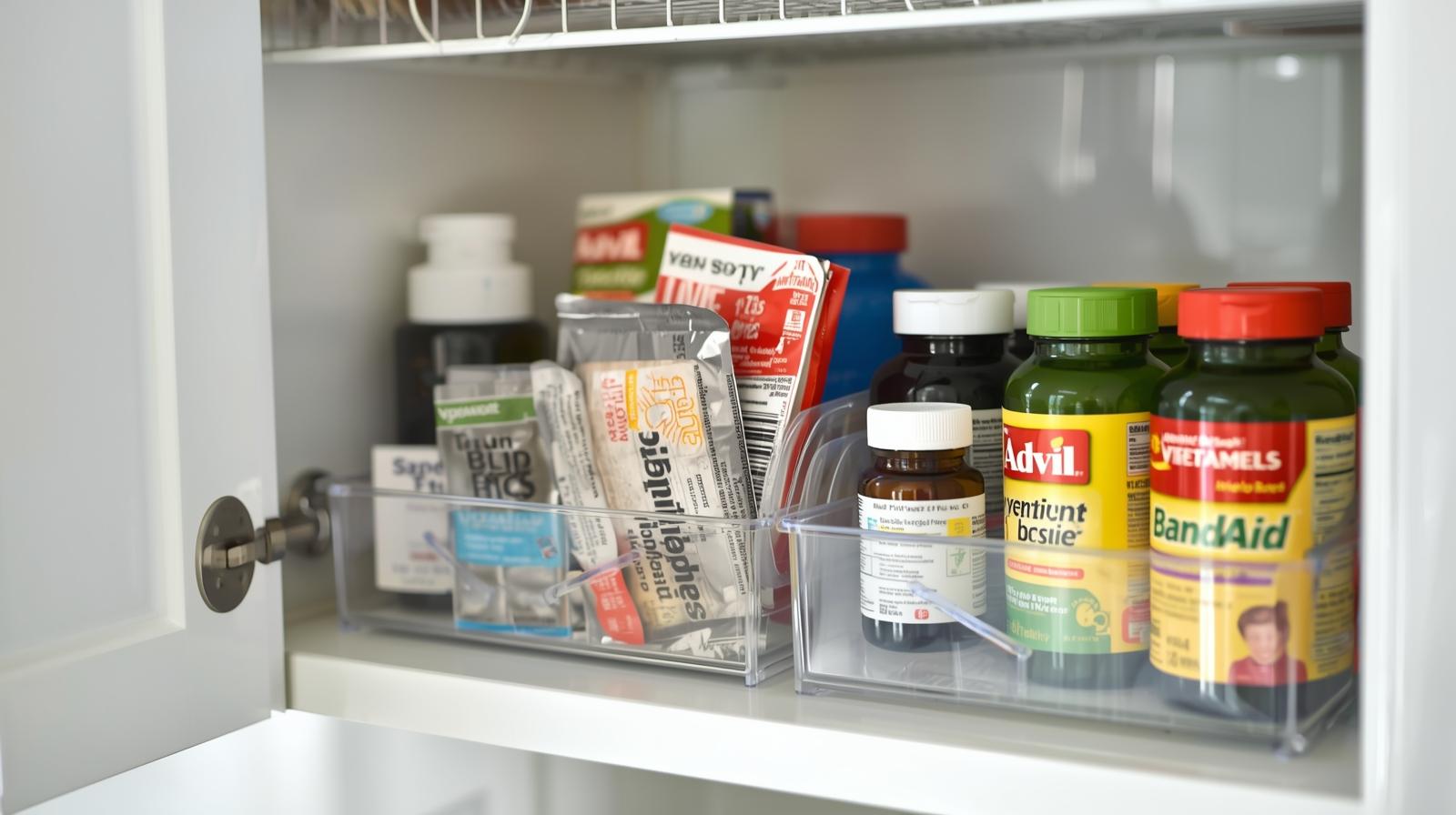 Organized medicine cabinet with clear trays