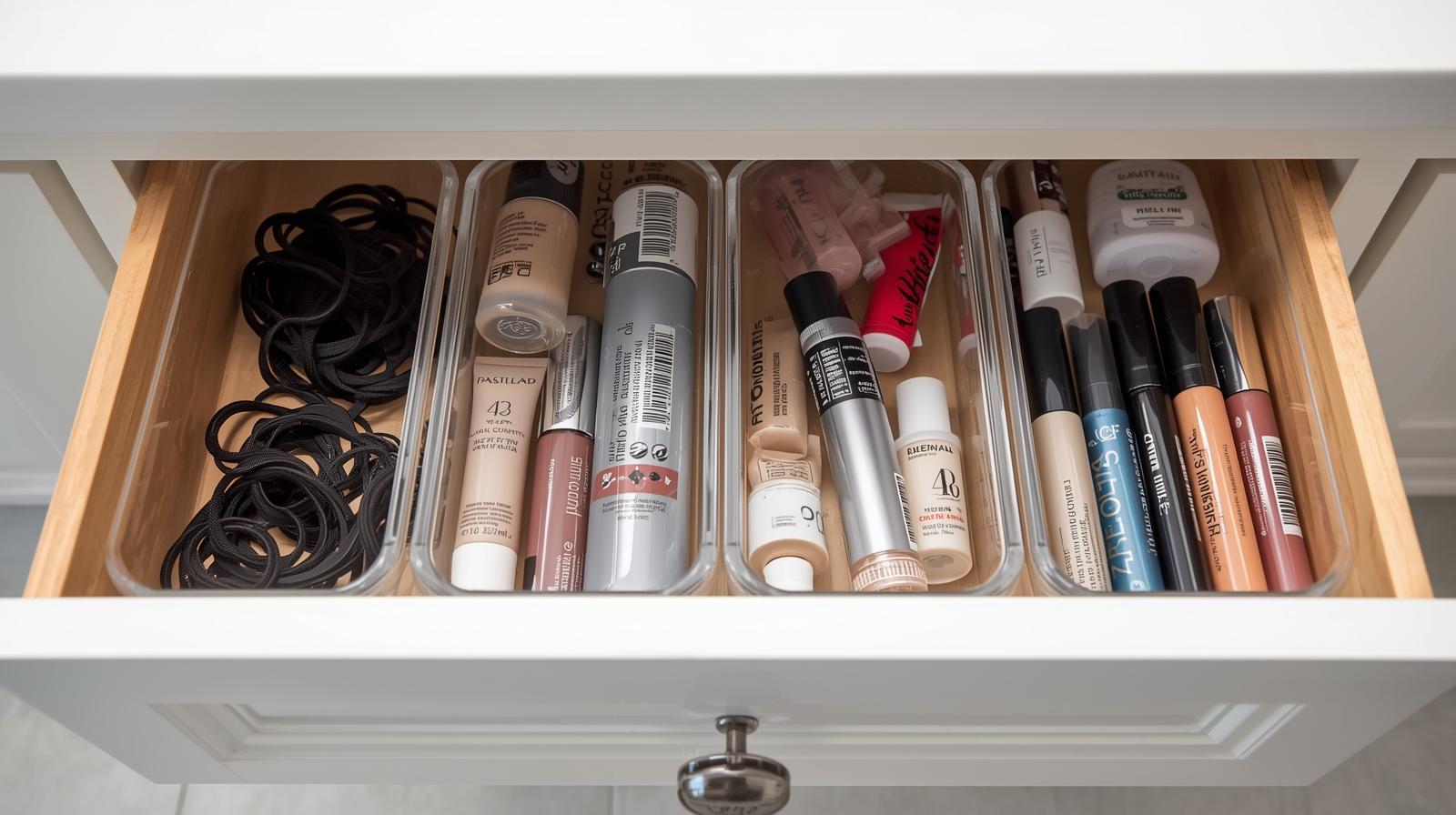 Organized bathroom drawer with different sized trays