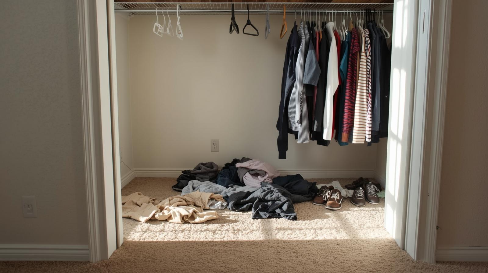 Clothes piled on closet floor in messy bedroom closet
