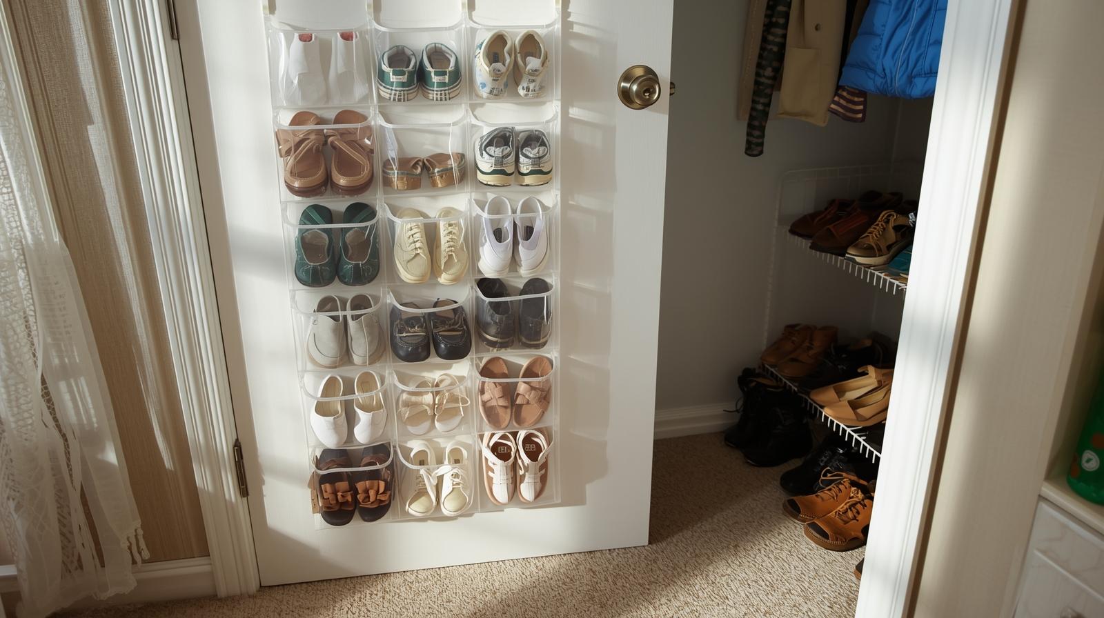 Over door shoe organizer on bedroom closet door