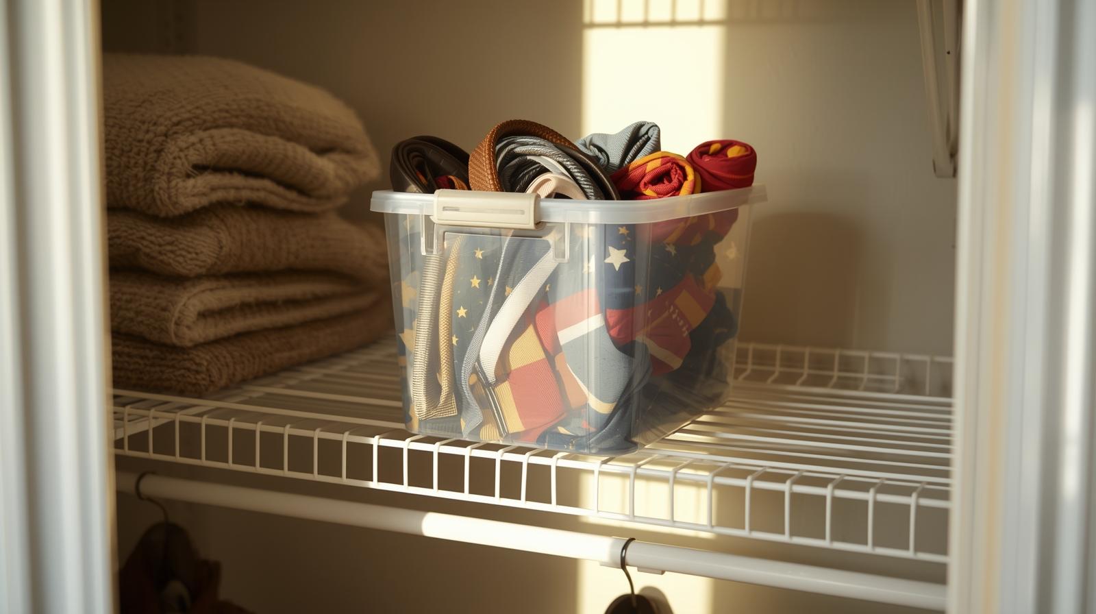 Small storage bin on closet shelf with accessories