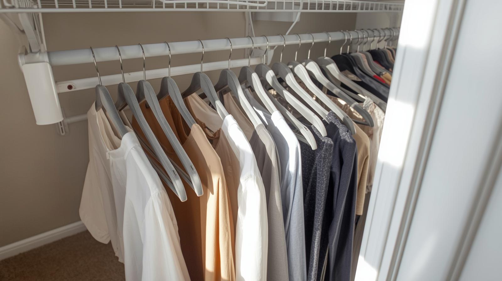 Velvet hangers hanging on closet rod with clothes