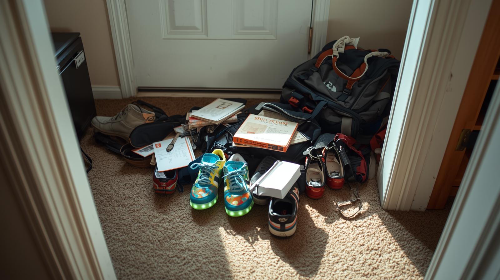 Entryway chaos before organization with shoes everywhere