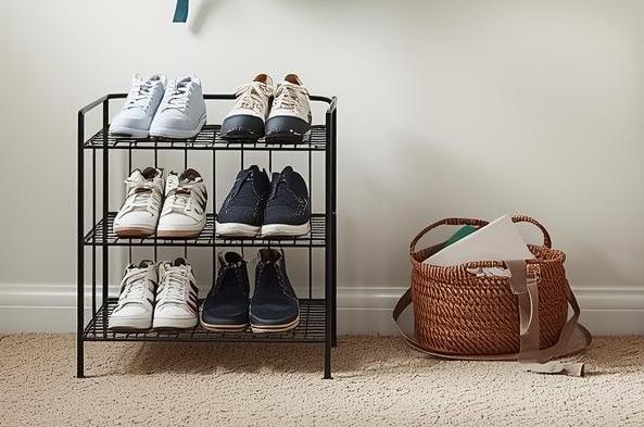 Shoe rack positioned by entryway wall