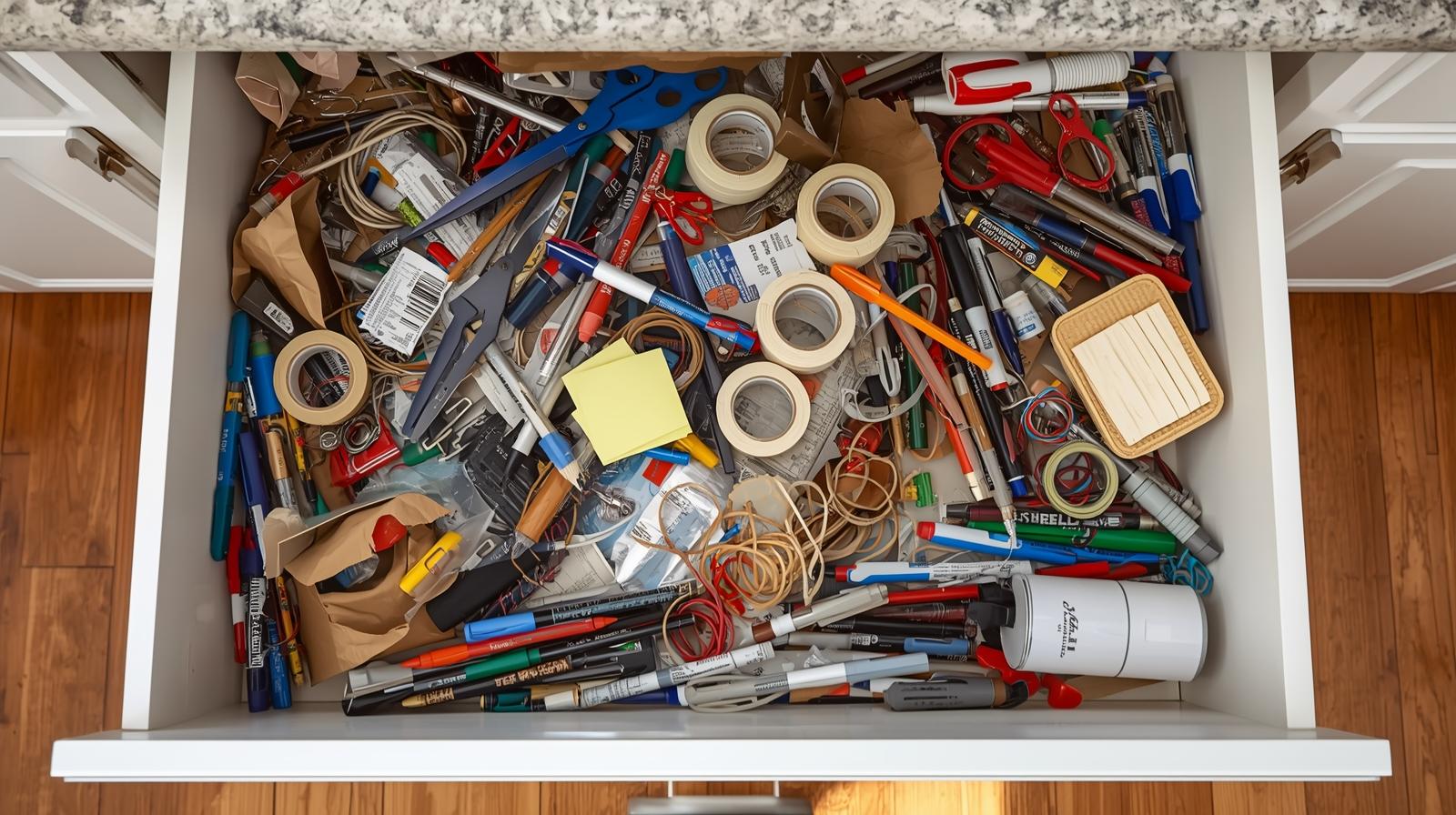 Kitchen drawer before organization - chaotic mess