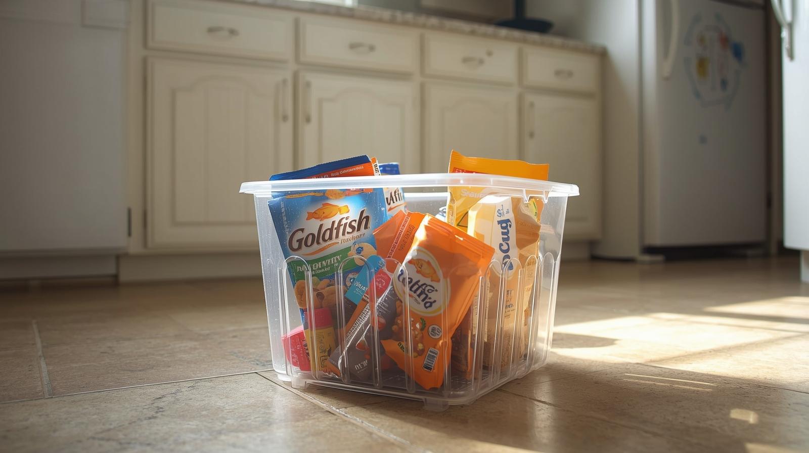 YIHONG clear plastic pantry bin filled with snacks on carpet